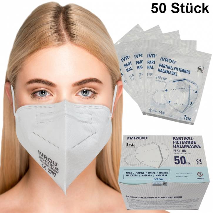 FFP2-Maske Atemschutzmaske Mundschutz Weiß 50 Stück einzelverpackt zertifiziert