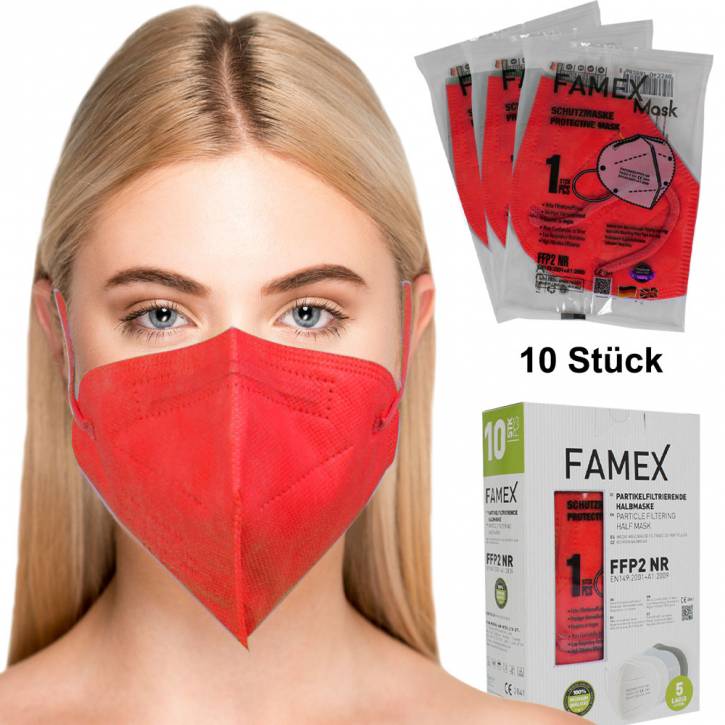 FFP2-Maske Atemschutzmaske Mundschutz Rot 10 Stück einzelverpackt zertifiziert