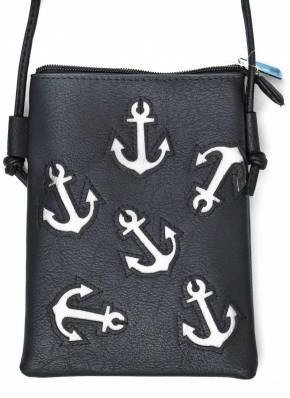 Umhängetasche Tasche mit Handyfach und Maritim Anker Muster - Schwarz