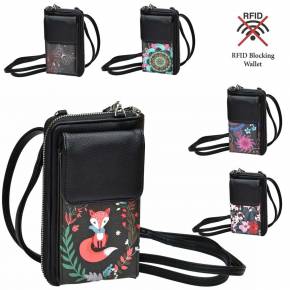 Smartphone Umhängetasche Handtasche PU-Leder RFID Schutz Geldbörse Damen Handytasche Handy Schultertasche für Smartphones unter 7 Zoll - 5er Set verschiede Motive sortiert